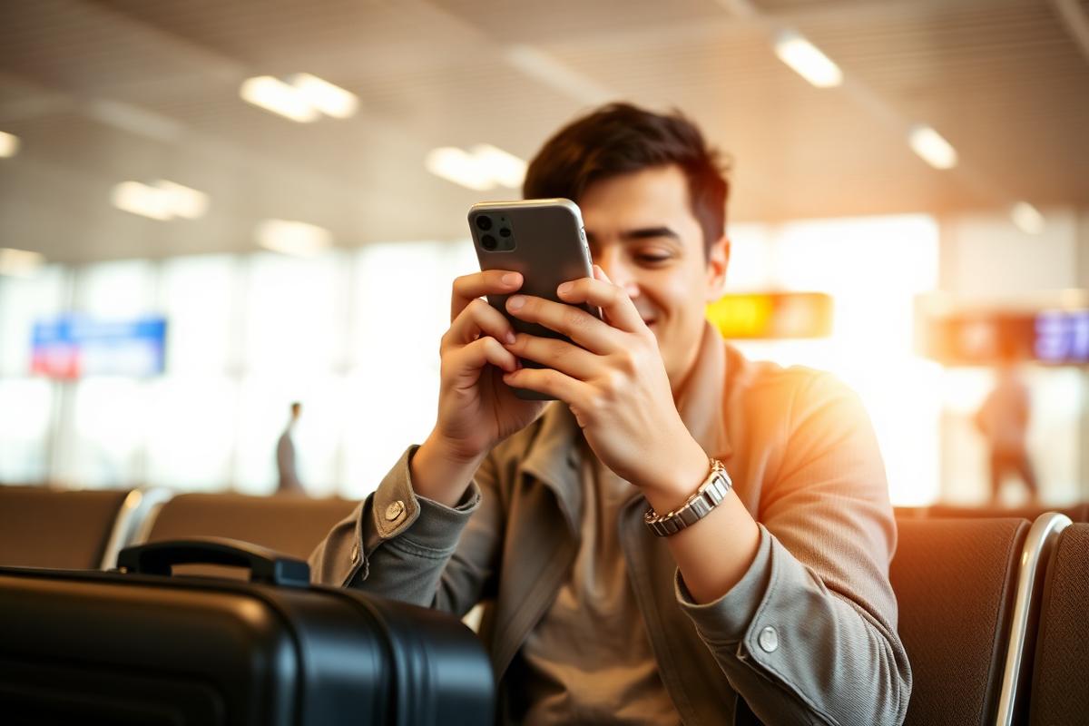 Traveller sitting in an airport lounge calling airline support on a mobile phone beside a suitcase