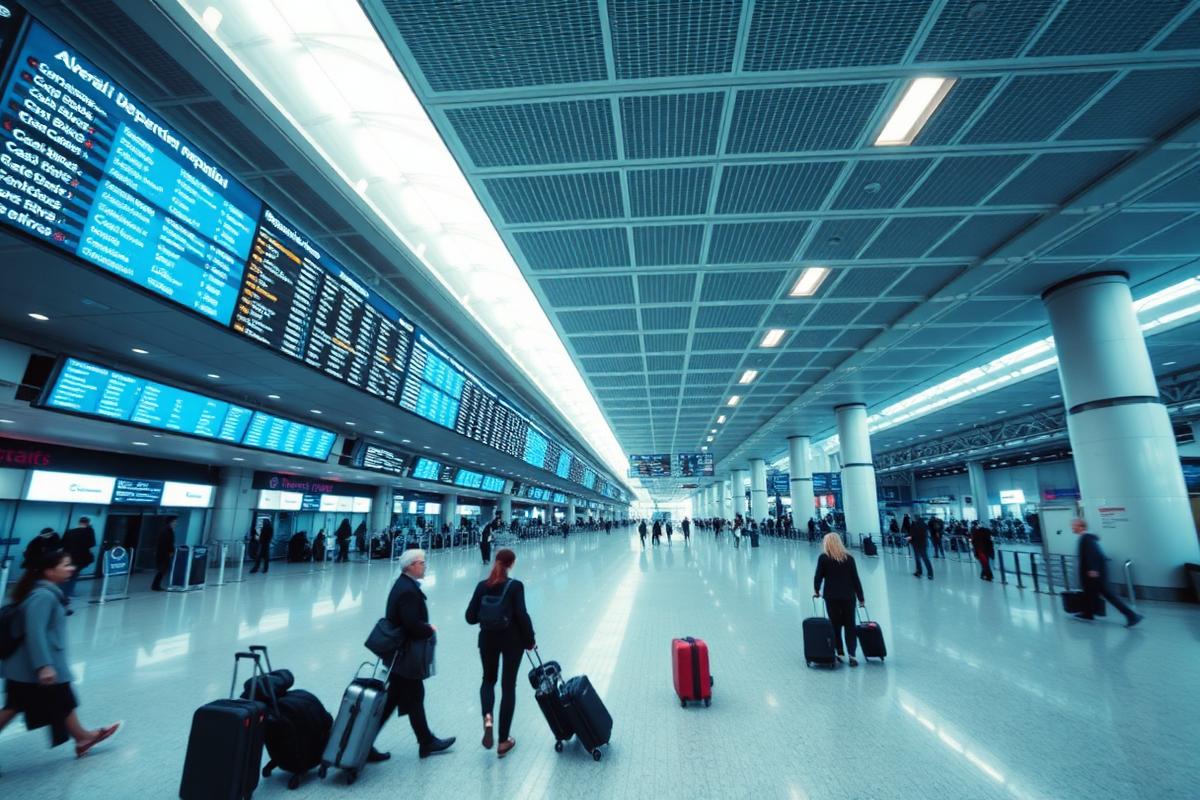 Busy airport check-in hall with departure boards and travellers with luggage