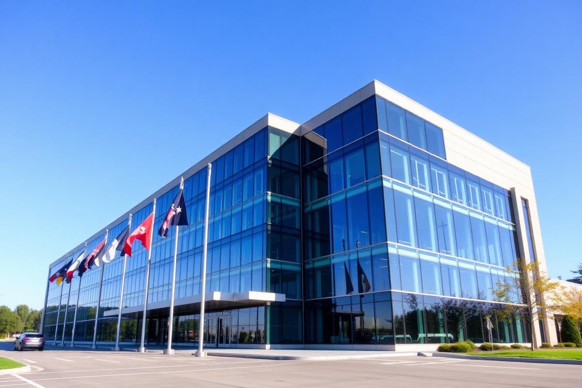Corporate airline head office building with glass facade and flags under a clear blue sky