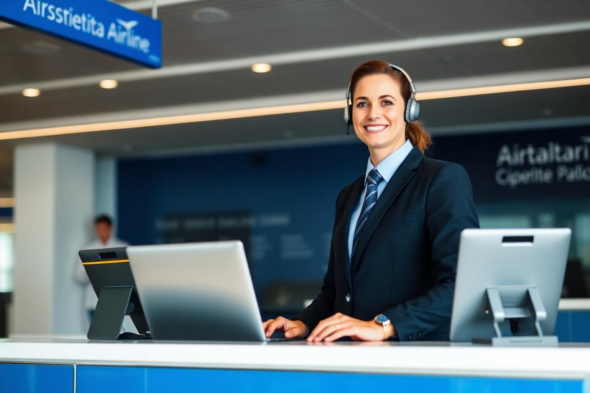 Airline customer service agent wearing a headset at an airport support counter